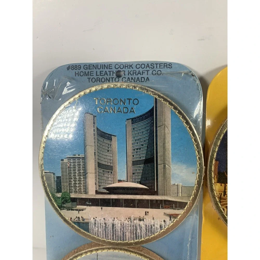 Vintage NOS Home Leather TORONTO CANADA Genuine Cork Coasters Lot Set 8 Man Cave